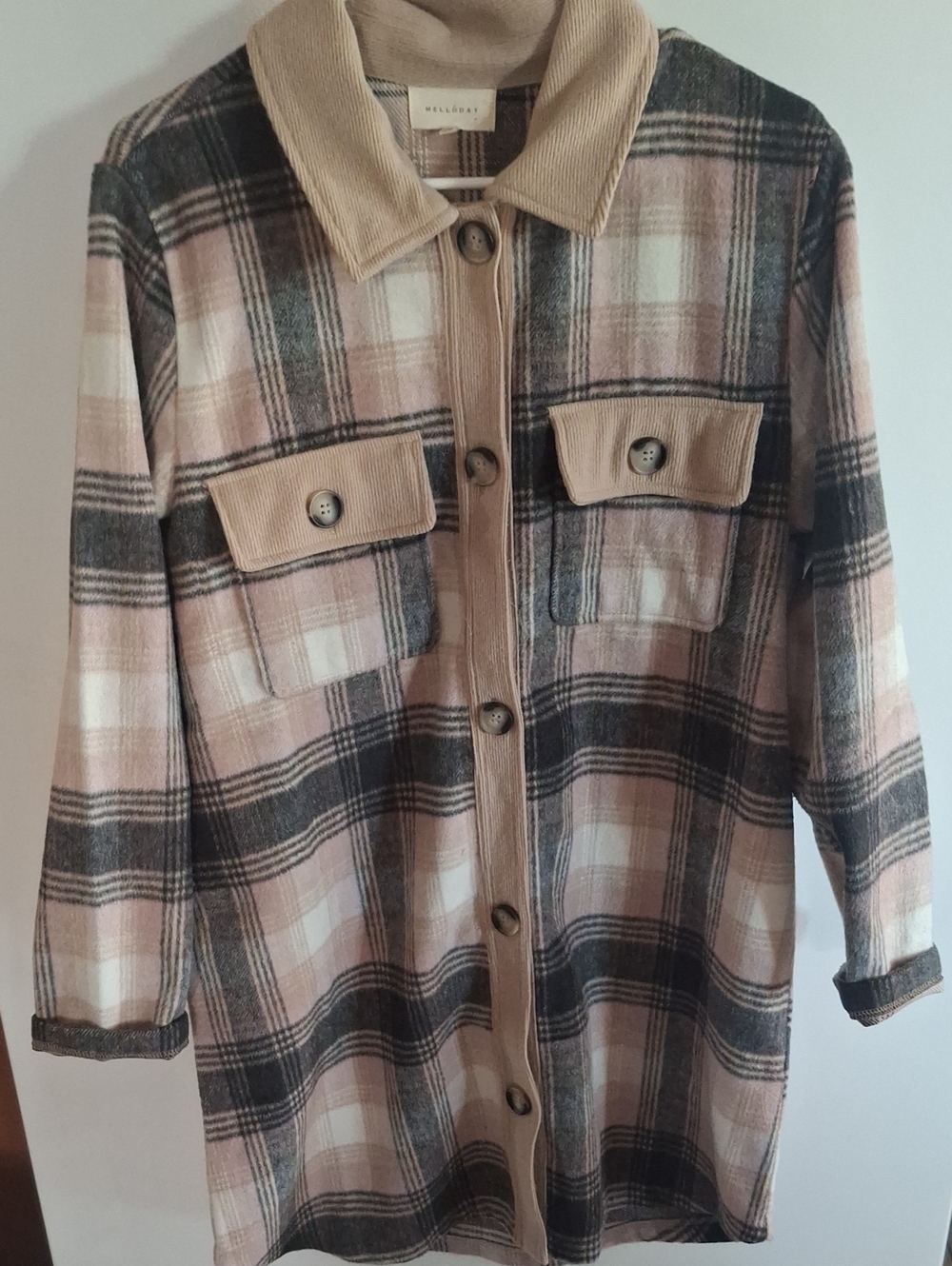 Women's Large Plaid Shacket Jacket - Beige & Black